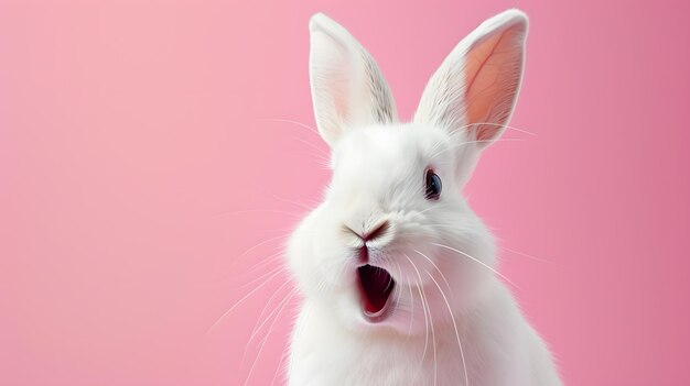 Photo astonished white rabbit expressing surprise against a vibrant pink background