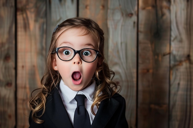 Photo astonished young girl with glasses in suit expressing wonder