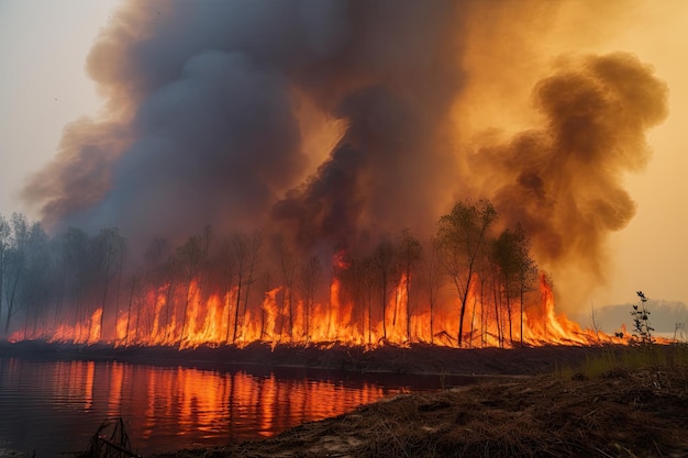 Astonishing ecological calamity represented by an extensive raging forest fire Generative AI