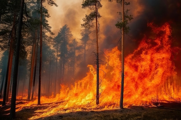 Astonishing ecological calamity represented by an extensive raging forest fire Generative AI