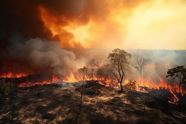 Astonishing ecological calamity represented by an extensive raging forest fire Generative AI