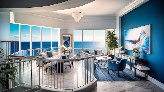 Photo an astonishing image of a sumptuous ocean view penthouse suite boasting a wraparound balcony and unmatched panoramic sea vistas