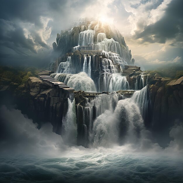 Astonishing image of a towering waterfall flowing upwards against the laws of gravity creating a su