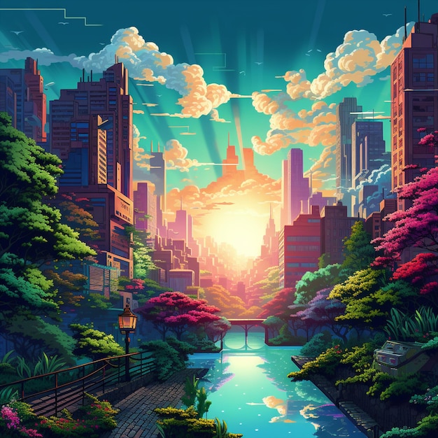Astonishing pixelated wallpaper capturing a city or nature scene in 8bit style