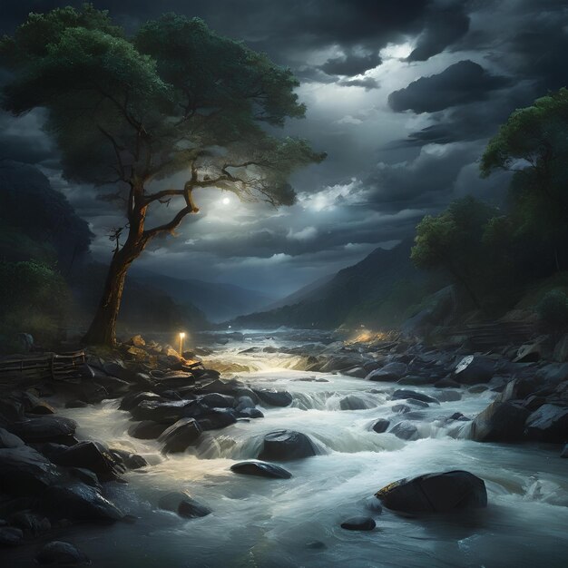 the astonishing realism of a river undergoing a dramatic nighttime metamorphosis