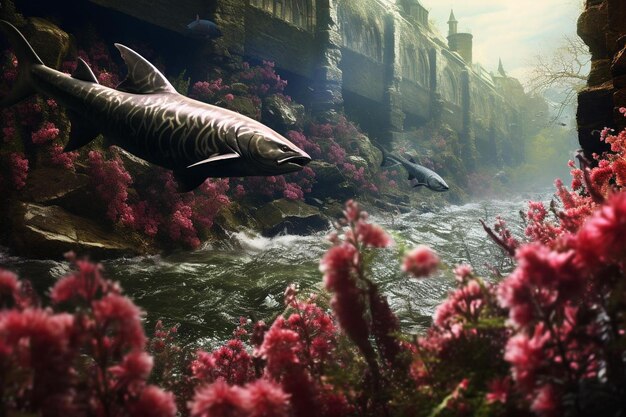 Photo astonishing sturgeon dwarfing surrounding river flora