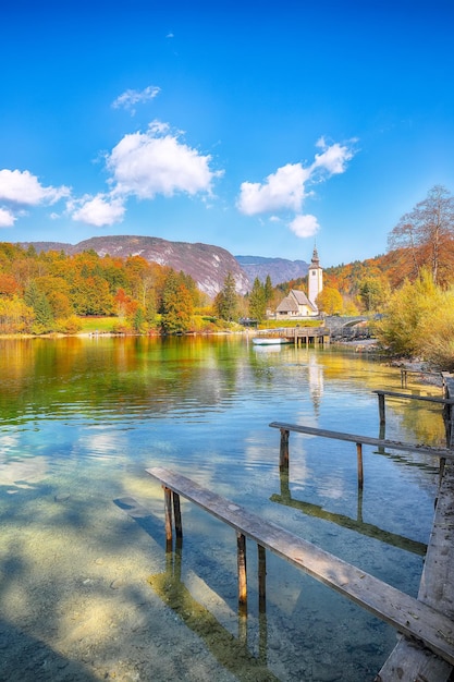 Astonishing view of Church of St John the Baptist on Bohinj Lake