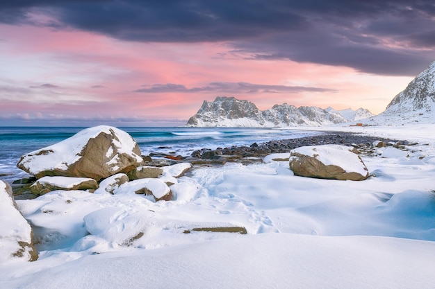 Astonishing winter scenery on Uttakleiv beach at morning