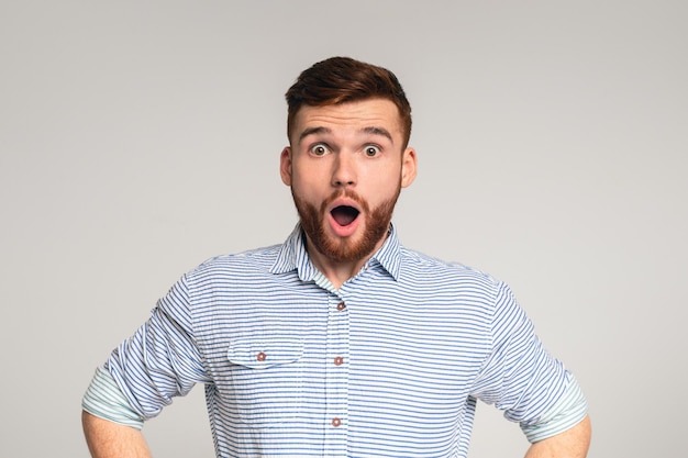 astonishment and shock surprised bearded man wearing casual shirt posing with shocked look on studio