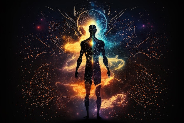 Astraal lichaam silhouet met abstracte ruimte achtergrond Esoterisch spiritueel leven en meditatie concept Hiernamaals en verbinding met andere werelden Gemaakt met Generative AI