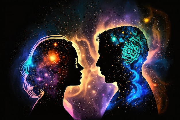 Фото Силуэты мужчины и женщины в астральном теле лицом к лицу, нейронная сеть, созданная искусственным интеллектом