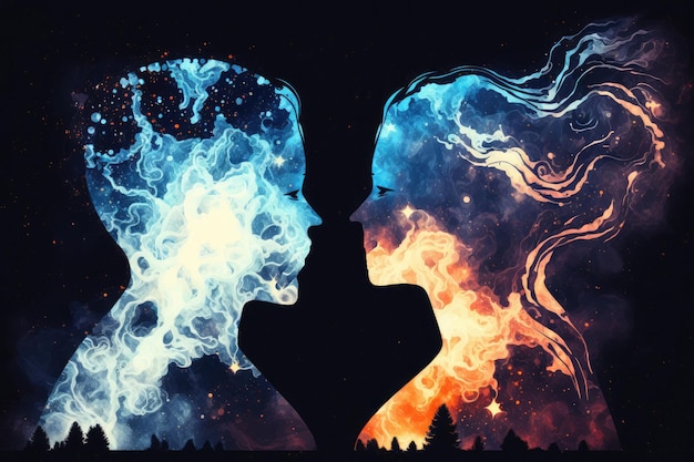 Astral body man and woman silhouettes face to face neural network AI generated art