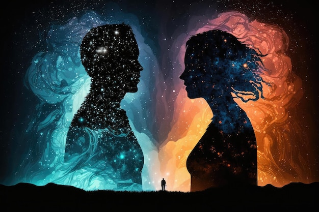 Photo astral body man and woman silhouettes face to face neural network ai generated art