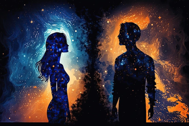 Photo astral body man and woman silhouettes face to face neural network ai generated art