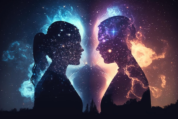 Astral body man and woman silhouettes face to face neural network AI generated art