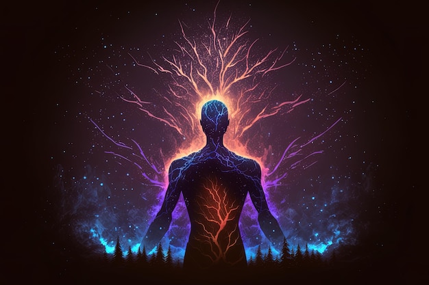 Astral body silhouette with abstract space background Esoteric spiritual life and meditation concept Afterlife and connection with other worlds Created with Generative AI