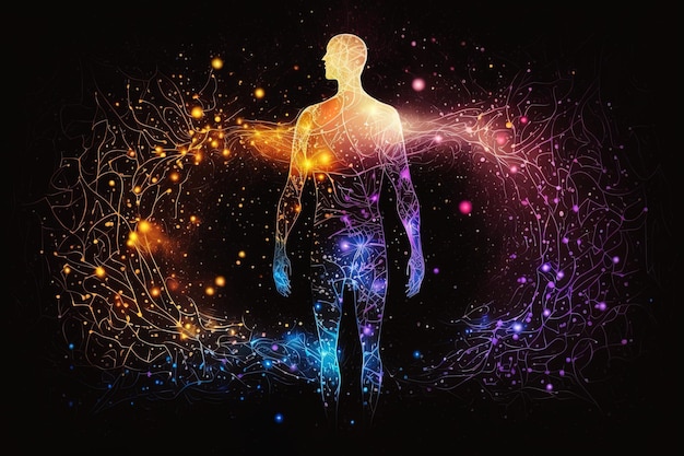 Astral body silhouette with abstract space background Esoteric spiritual life and meditation concept Afterlife and connection with other worlds Created with Generative AI