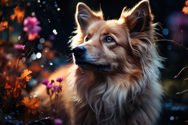 Astral dog radiates colors in stellar mist forest generative IA