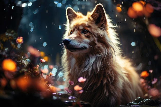 Astral dog radiates colors in stellar mist forest generative IA