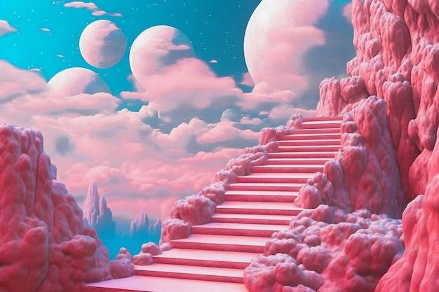 Foto escapade astrale paesaggio 3d stilizzato di bryce con scalinata magica e vibrazioni vaporwave pastello