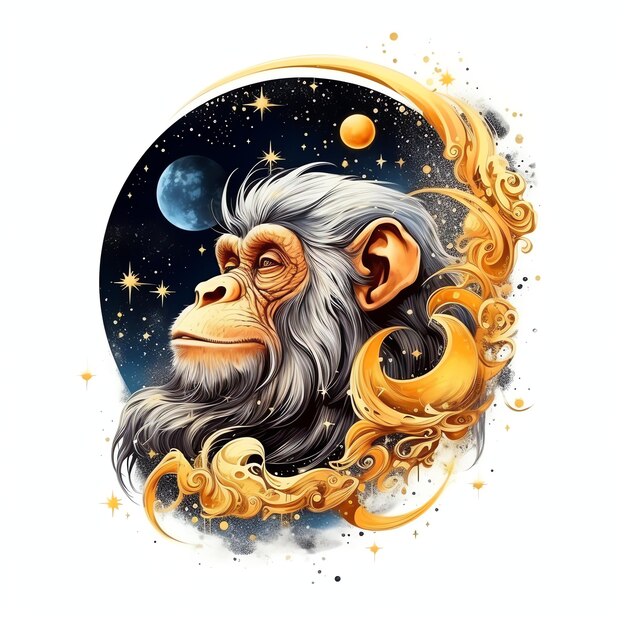 Astral Monkey Banana Fantasy Sky Night gazing watercolor