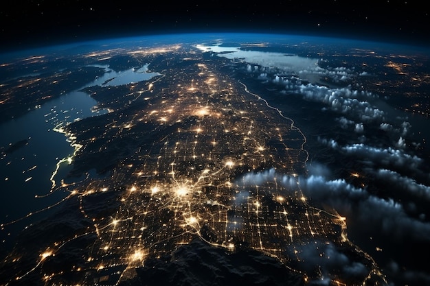 Астральная городская мозаика Вид на США ночью из космоса огни города, образующие мозаику в 3D