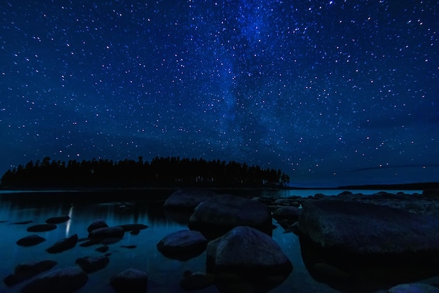 Astrofotografie van landschap met een prachtige nachtelijke sterrenhemel en Melkweg over water