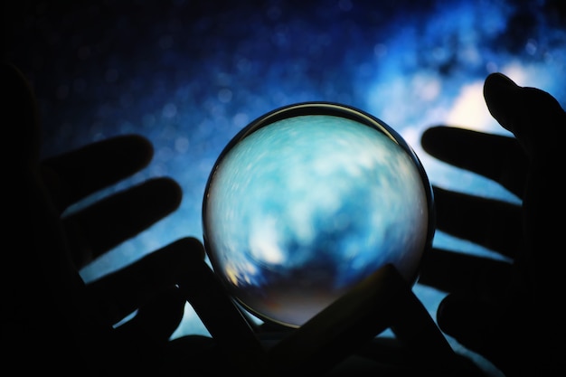 Astrological background. Crystal ball with predictions. Horoscope of the stars. Fortune telling and determination of fate. Soothsayer with a crystal ball.