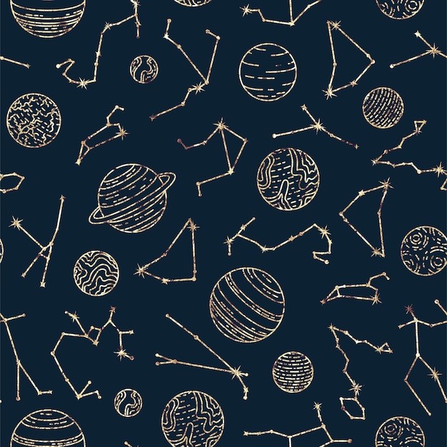 Astrological seamless pattern with constellations and planets. Gold foil texture