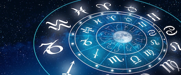 Photo astrological zodiac signs inside of horoscope circle the power of the universe concept