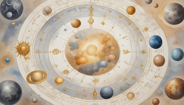 Astrologische horoscoop cirkel een schilderij van een planeet met het universum erop geschreven