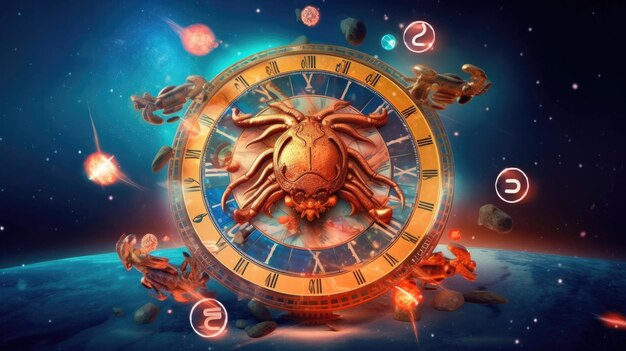 占星術カレンダーカニの魔法の星座占星術難解な星占いと占いのコンセプト宇宙の蟹座星座生成 AI