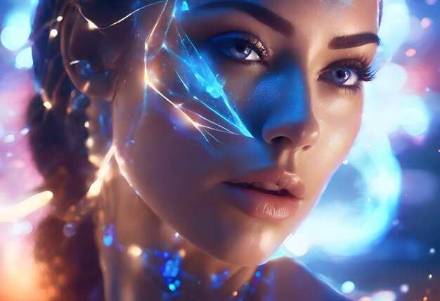 Photo astrology woman and passing time female women head blue shapes trails over start fantasy art