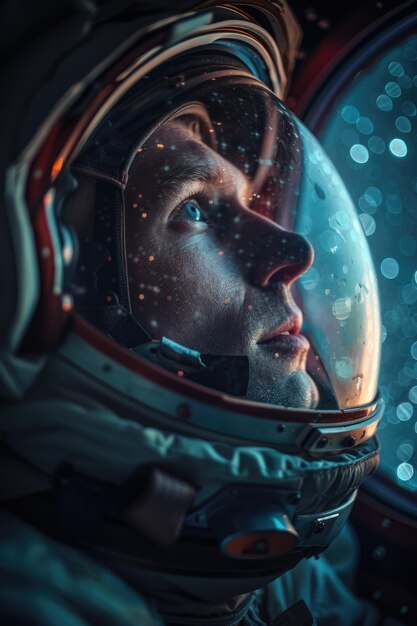 Photo an astronaut admiring the starry expanse through the window of a spacecraft with the milky way mirro