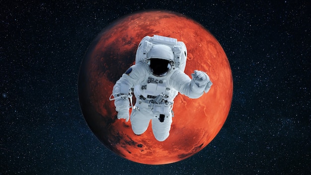 Astronaut against the background of the red planet Mars flies and performs a mission in open space. Spaceman in cosmos