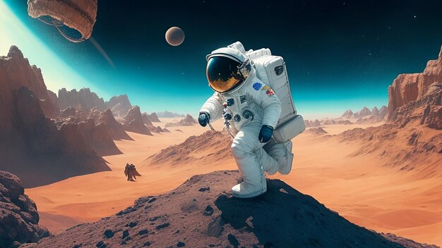 Astronaut on alien planet in far galaxy