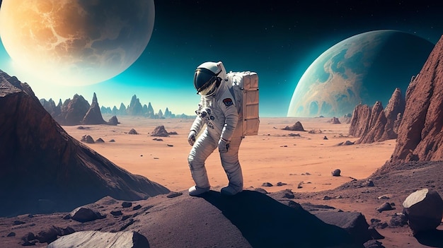 Astronaut on alien planet in far galaxy