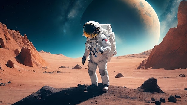 Astronaut on alien planet in far galaxy