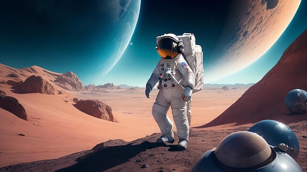 Astronaut on alien planet in far galaxy