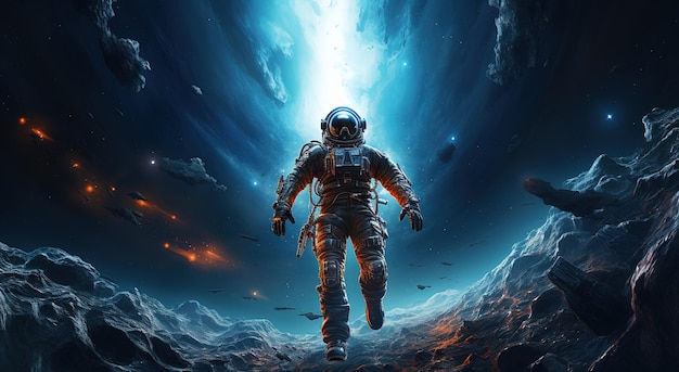 An astronaut on an alien planet in front of the light of the spacetime portal exploration