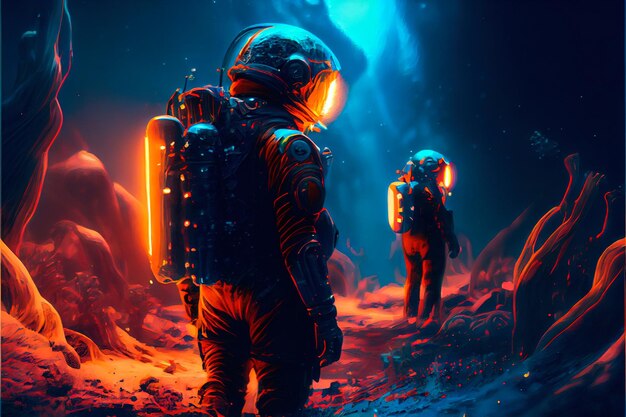 An astronaut on an alien planet A hightech astronaut from the future