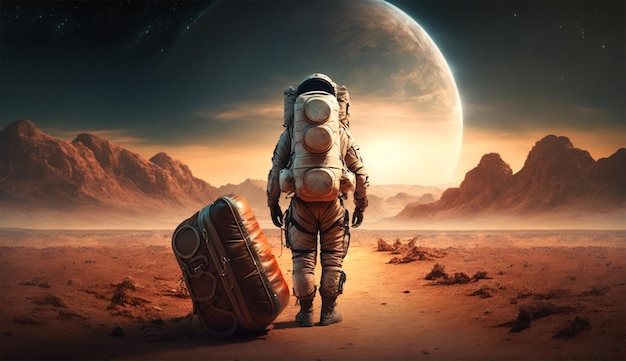 An astronaut arrives on an unknown desolate planet for a new life with a view of Earth