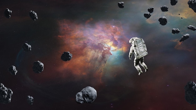 Astronaut and asteroids in deep space Elements of this image furnished by NASA