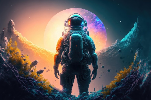 Astronaut astronaut kijkt in de verte op een ander planeetlandschap Op zoek naar andere werelden