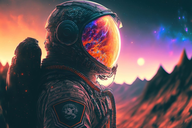 Photo astronaut astronaut looks into the distance on another planet landscape in search of other worlds