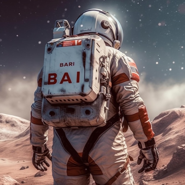 an astronaut in an astronaut's space suit with a sign that says barbar.