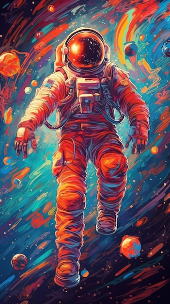 Astronaut baan met gekleurde sterren ruimte saturnus wallpaper afbeelding AI gegenereerde kunst