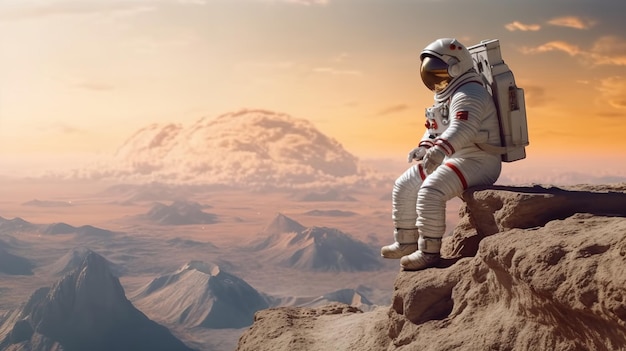 Astronaut on the background of the mountains 3d rendering