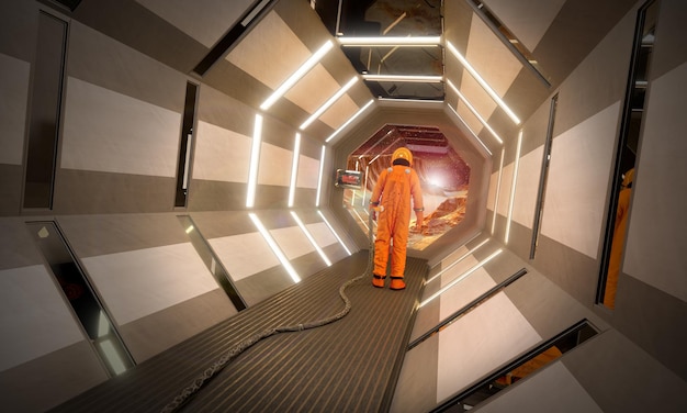 Astronauta in una base su marte. stazione spaziale, costruzione per la colonizzazione planetaria. illustrazione 3d