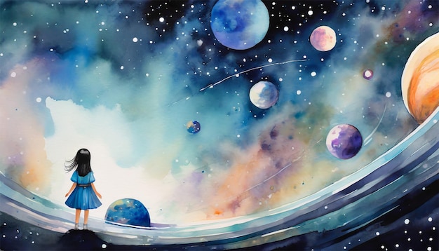 Astronaut beautiful girl looking at the planets in the space illustration for children